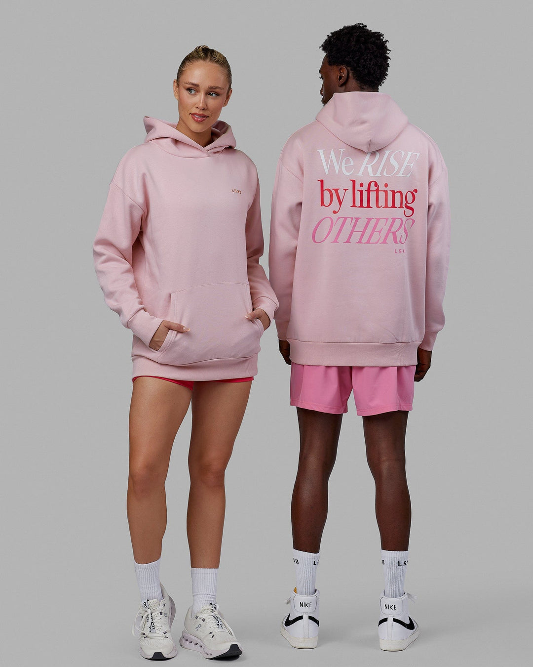Duo wearing Unisex Lift-Up Hoodie Oversize - Marshmallow
