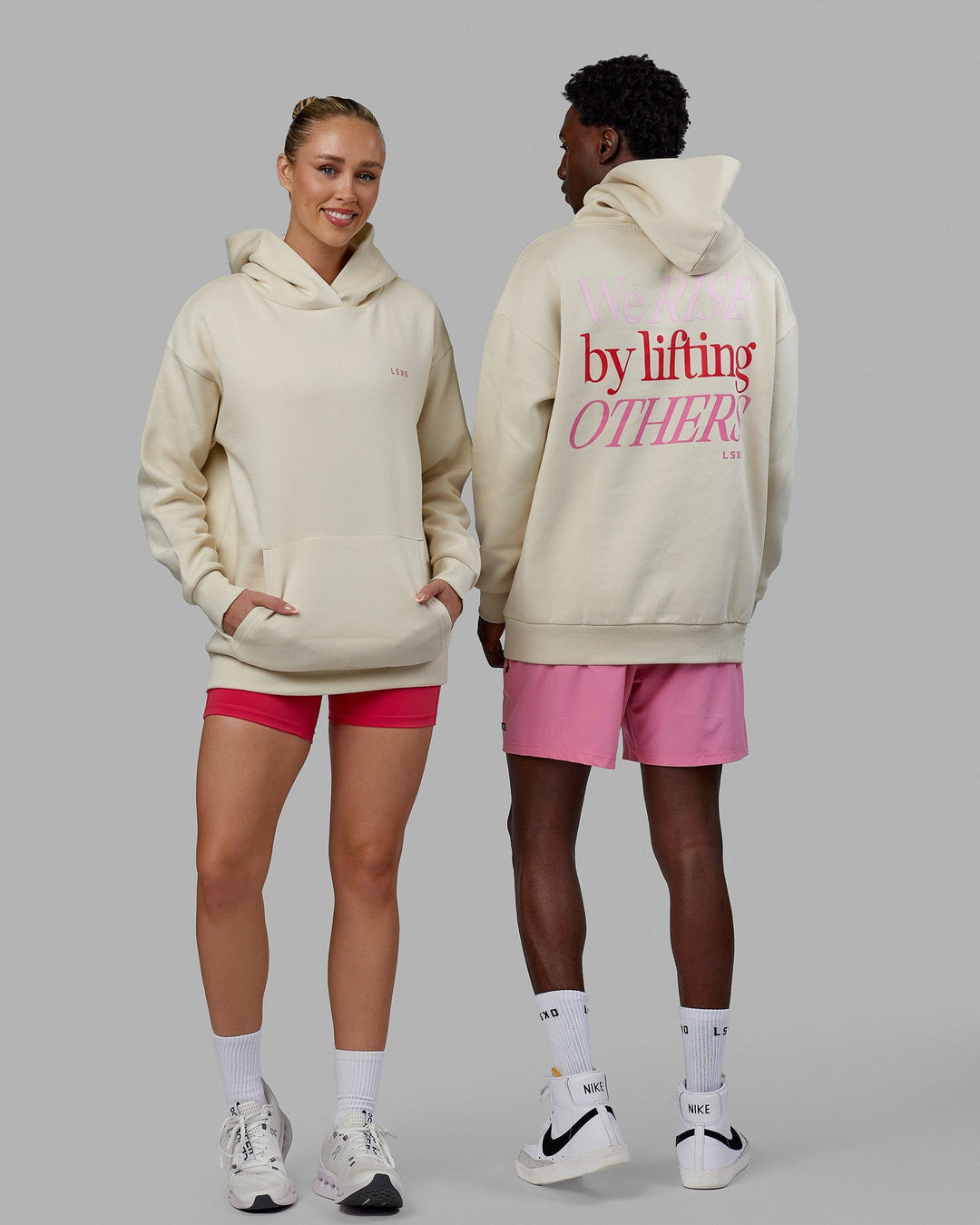 Duo wearing Unisex Lift-Up Hoodie Oversize - Warm White