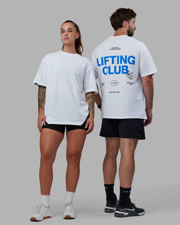 Duo wearing Lifting Club FLXCotton Tee Oversize - White-Power Cobalt-Black