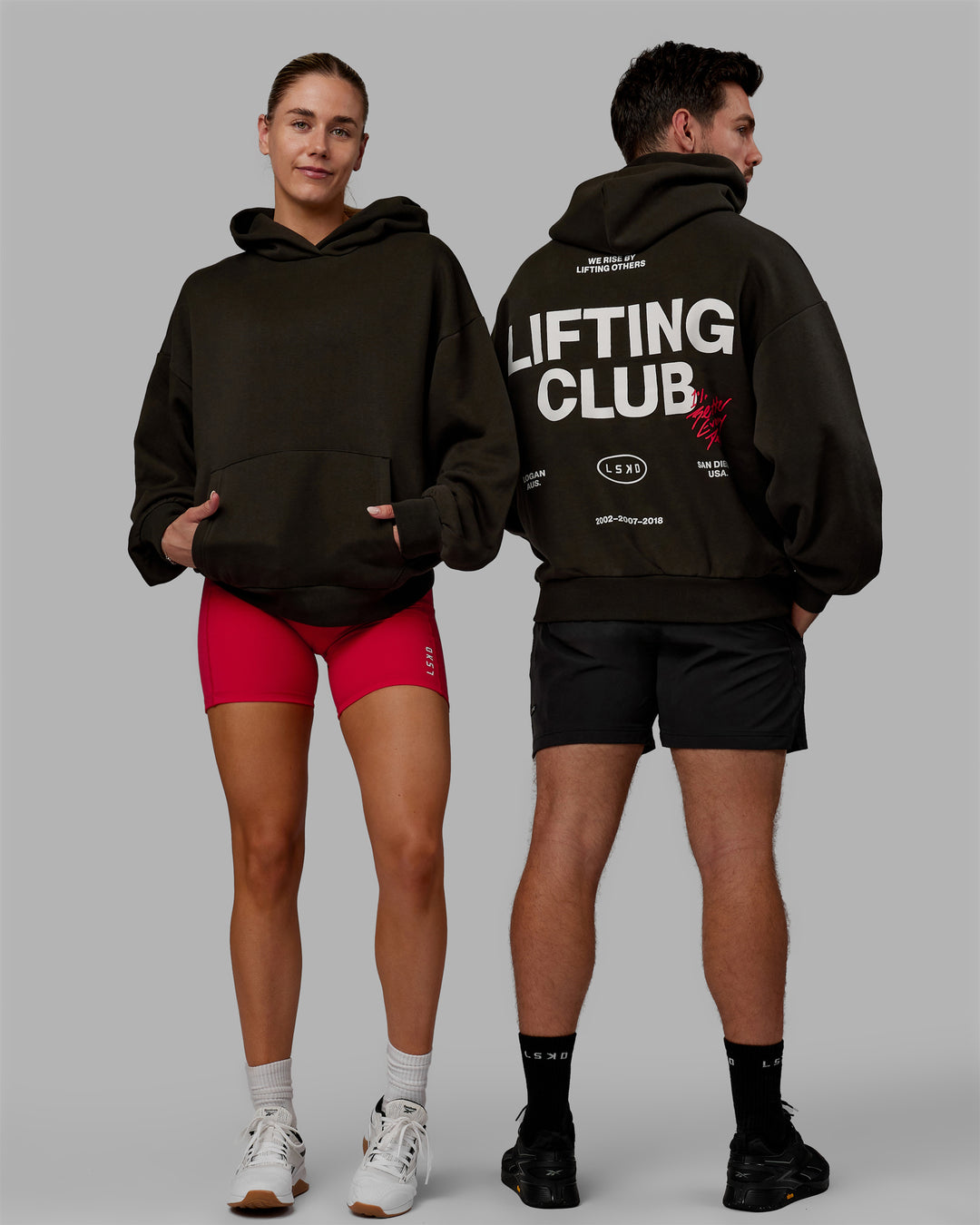 Duo wearing Unisex Lifting Club Hoodie Oversize - Pirate Black-Off White