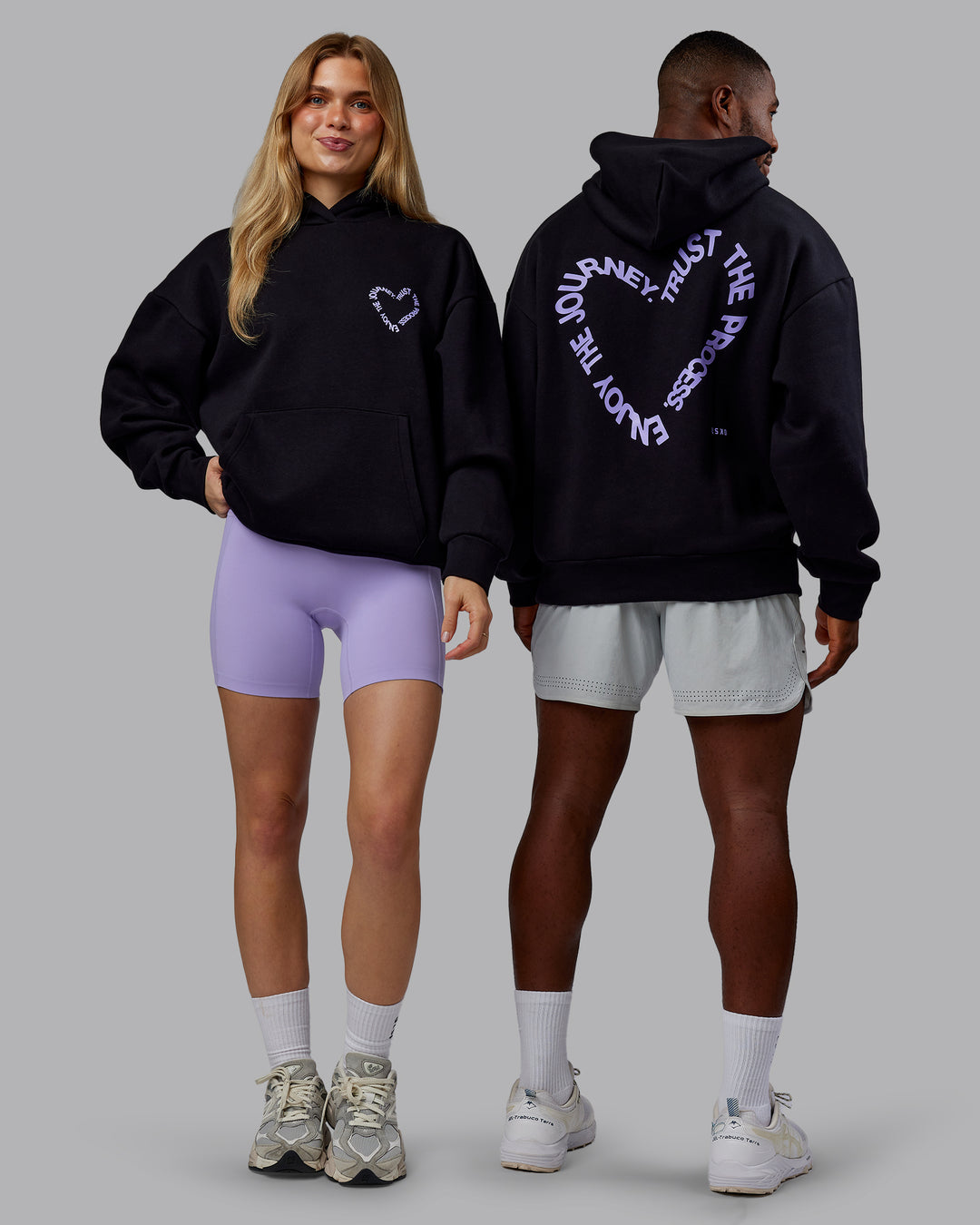 Duo wearing Unisex Love The Process Oversize Hoodie - Black-Violet Ray | Model:Both | Size:Duo
