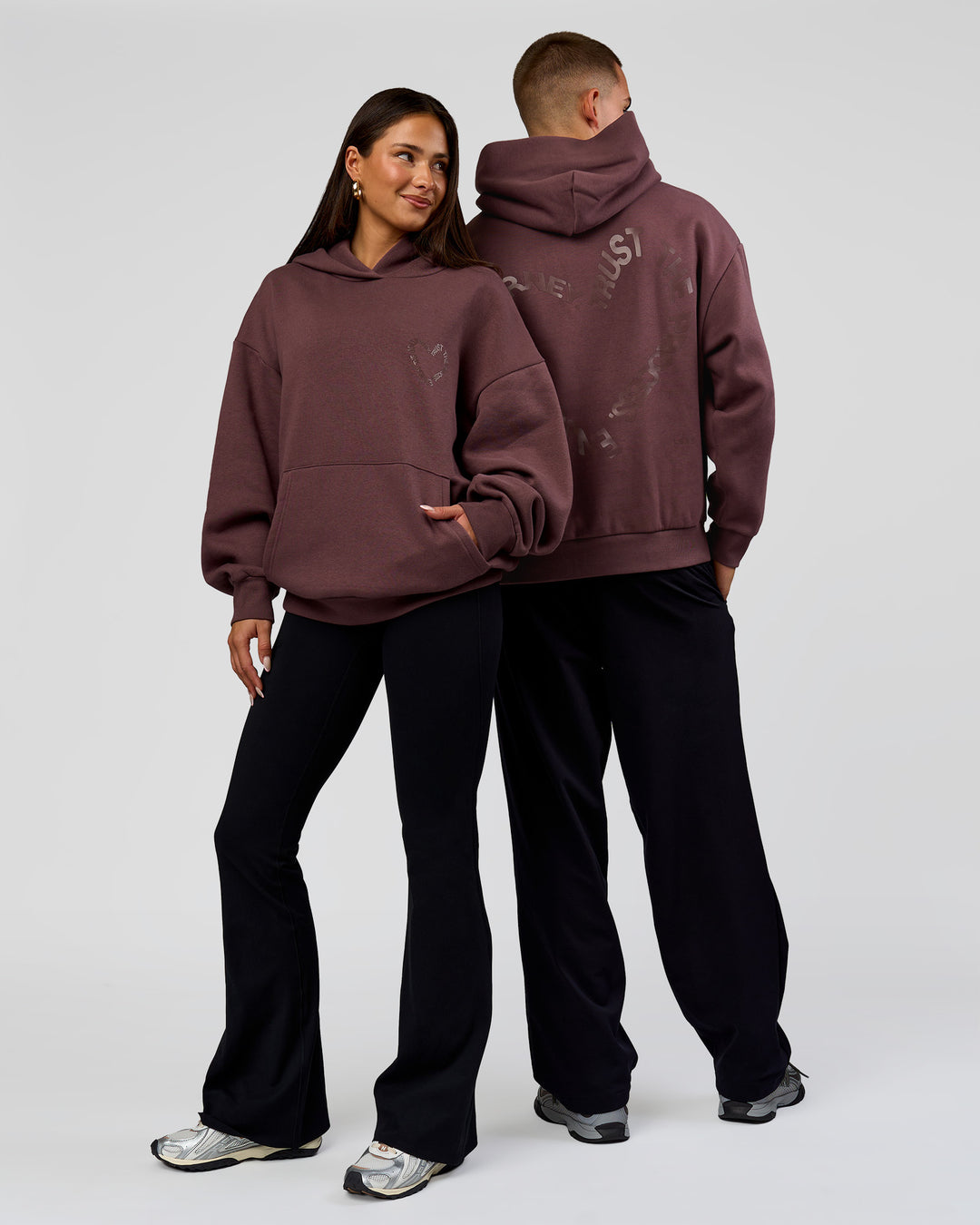 Duo wearing Unisex Love The Process Oversize Hoodie - Cocoa Powder-Hot Chocolate | Model:Both | Size:Duo