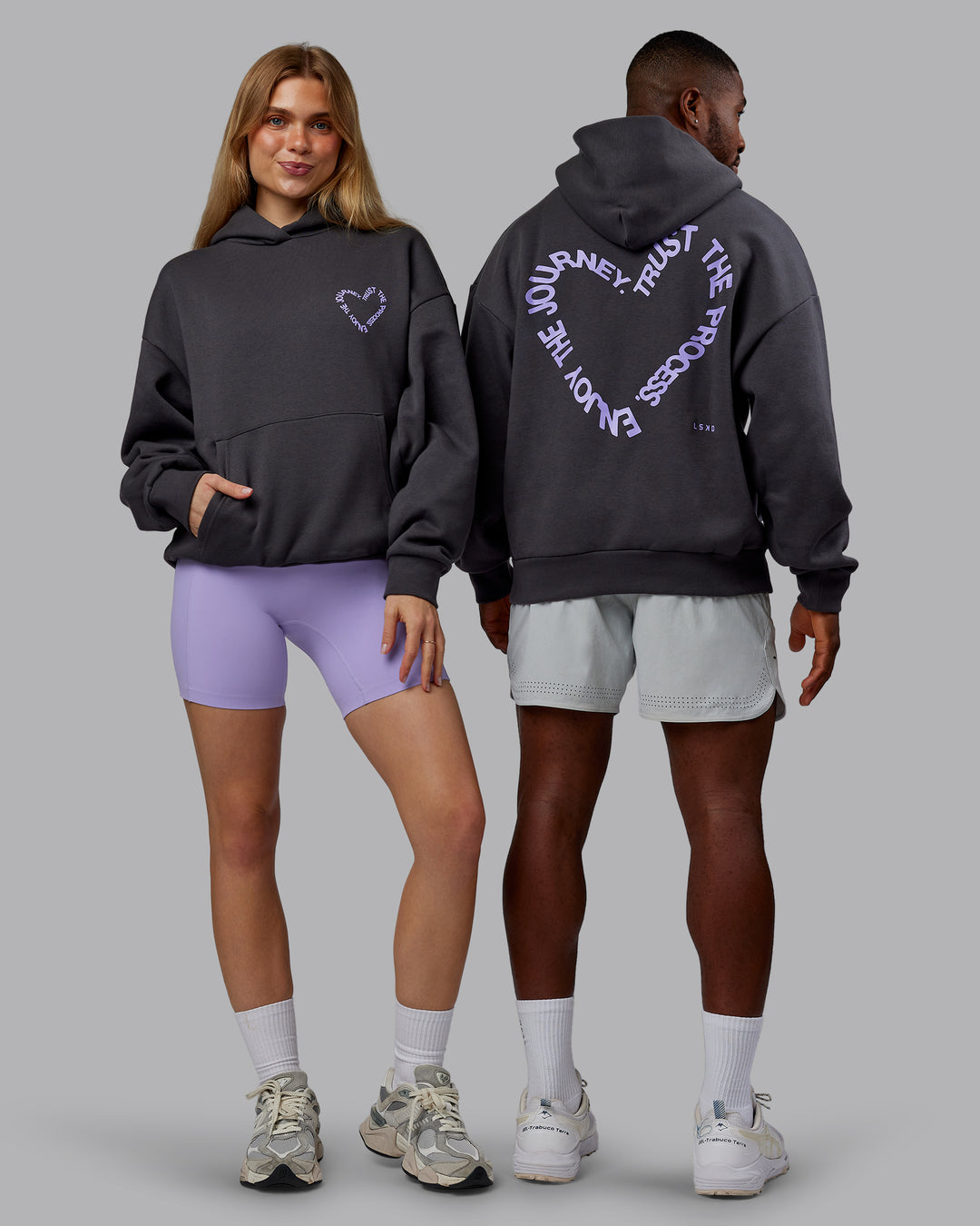 Duo wearing Unisex Love The Process Oversize Hoodie - Dark Storm-Violet Ray | Model:Both | Size:Duo
