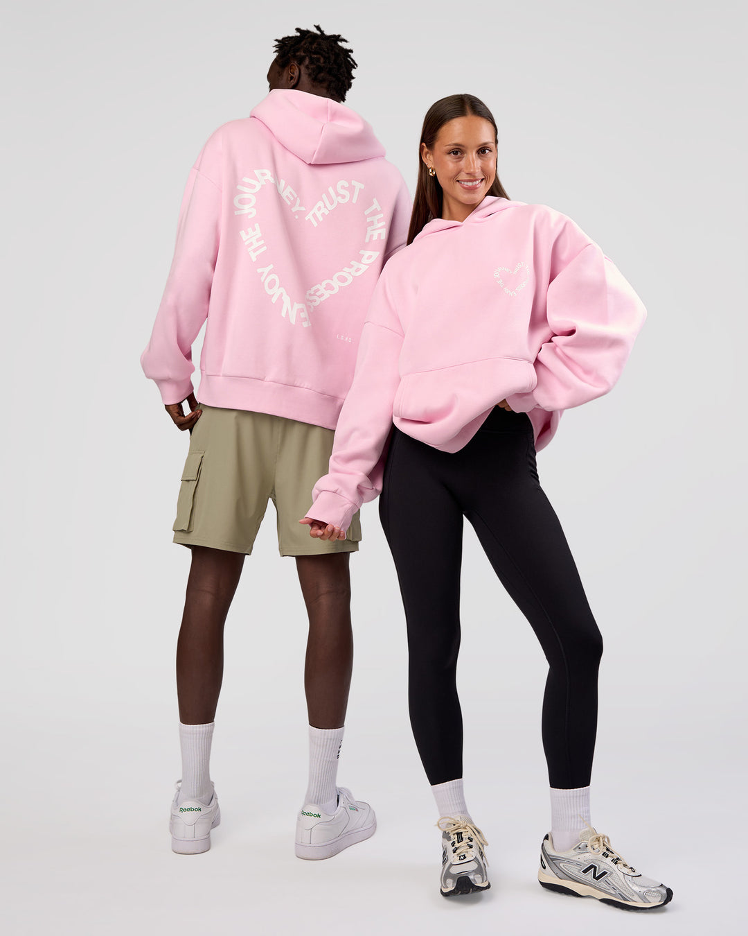 Duo wearing Unisex Love The Process Oversize Hoodie - Marshmallow-White | Model:Both | Size:Duo