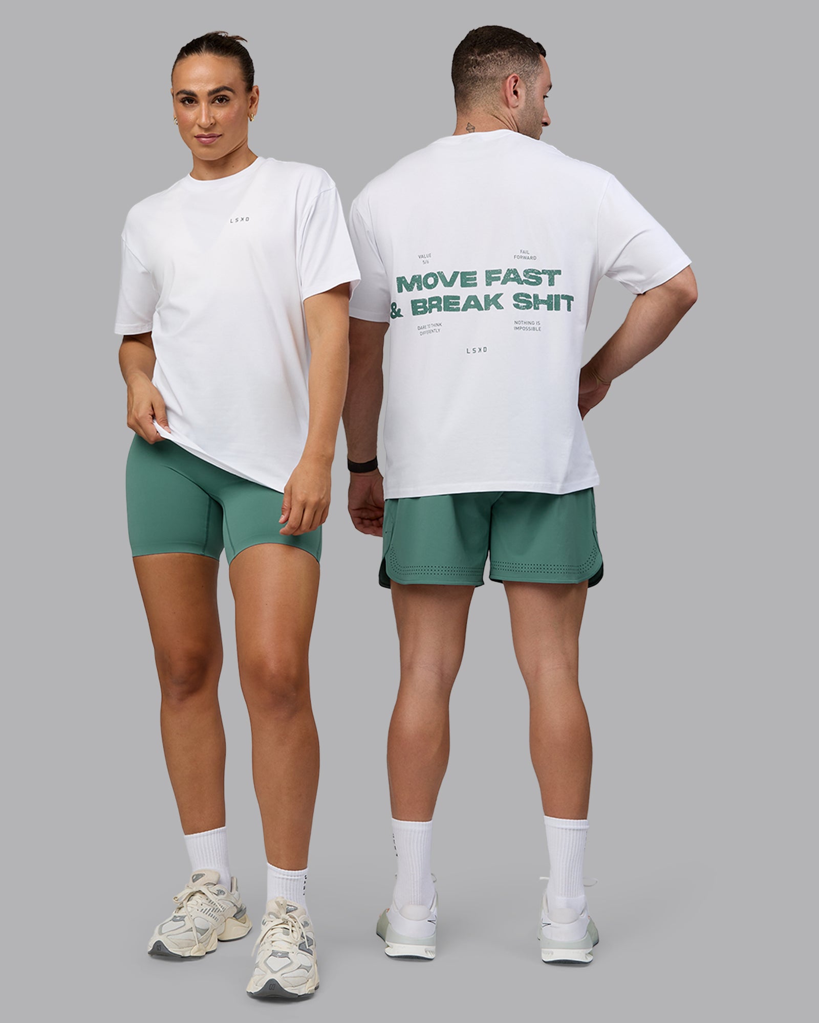 Duo wearing Unisex Move Fast Value Series FLXCotton Tee Oversize - White-Sagebrush