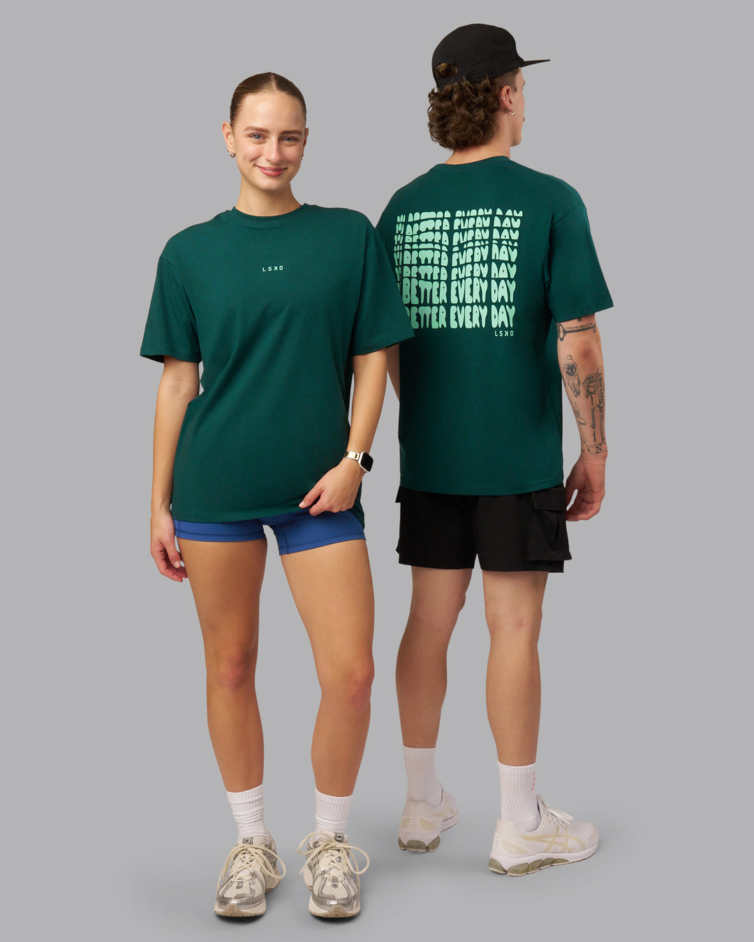 Duo wearing On Repeat FLXCotton Oversized Tee - Dark Moss-Ice Green | Model:Both | Size:Duo