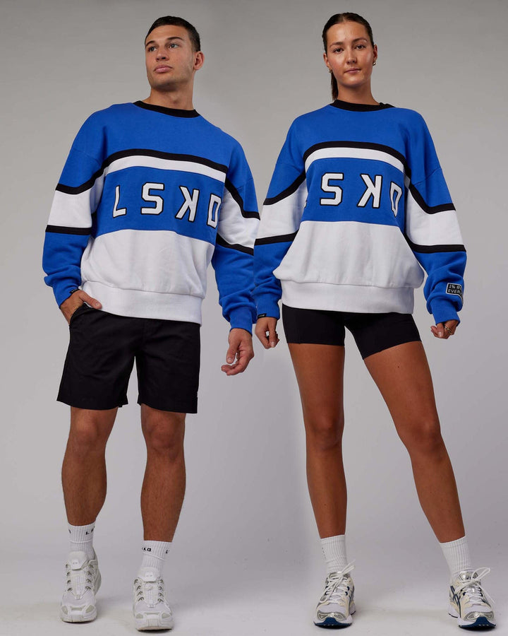 Duo wearing Unisex PrimeTime Sweater Oversize - Power Cobalt-White