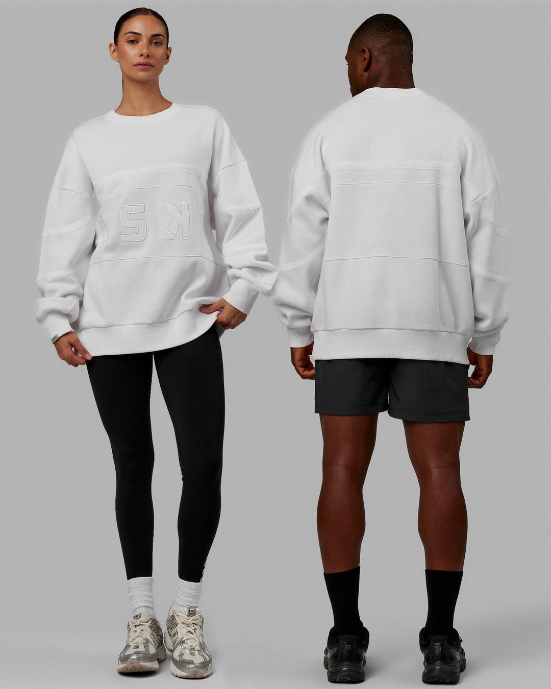 Duo wearing Unisex PrimeTime Sweater Oversize - White-White