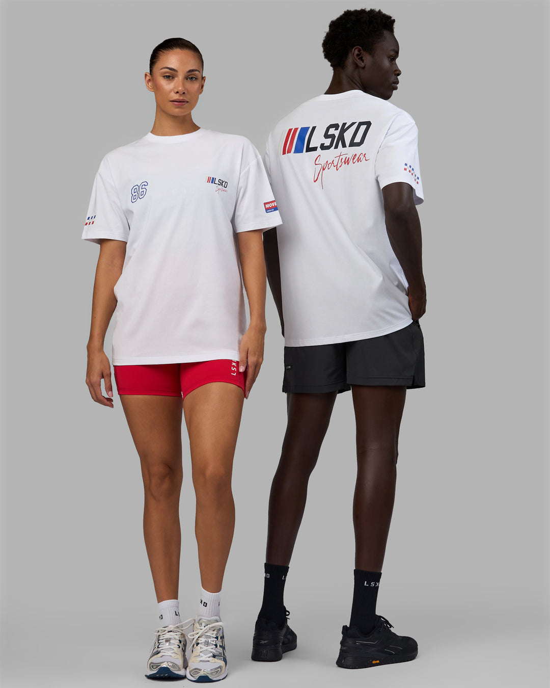 Duo wearing Unisex Redline FLXCotton Tee Oversize - White-Navy