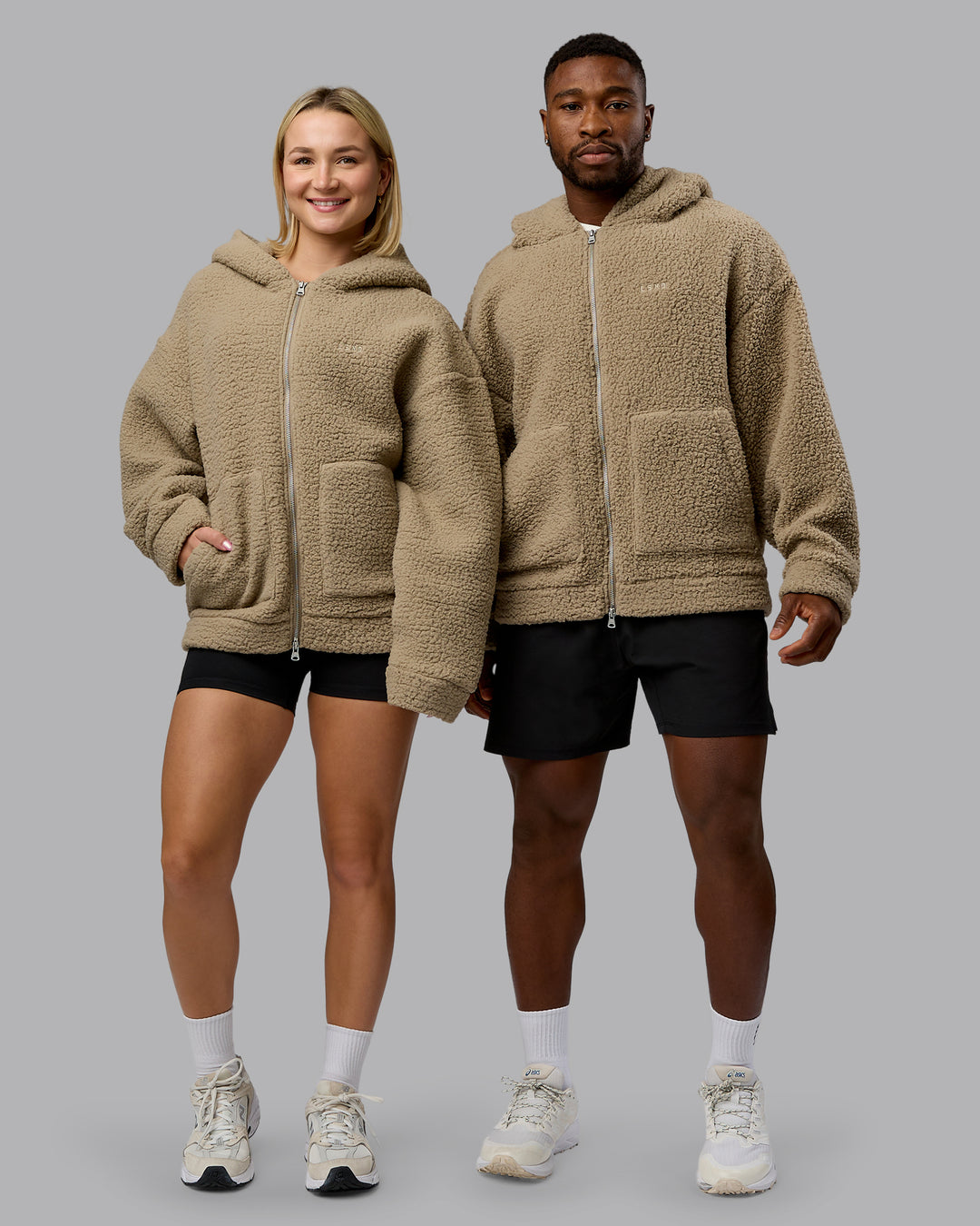 Duo wearing Sherpa Oversized Jacket - Greige | Model:Both | Size:Duo