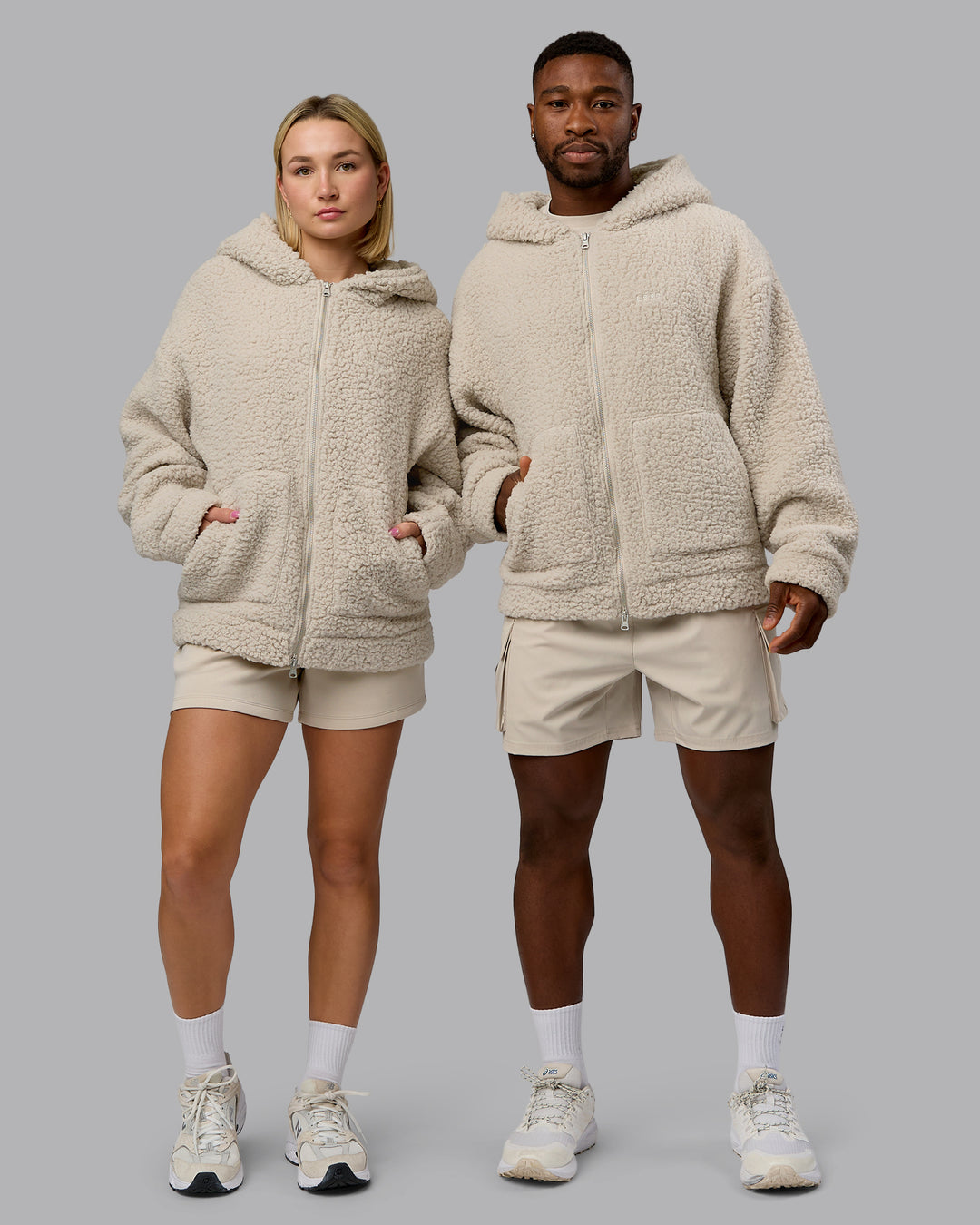 Duo wearing Sherpa Oversized Jacket - Shale Beige | Model:Both | Size:Duo