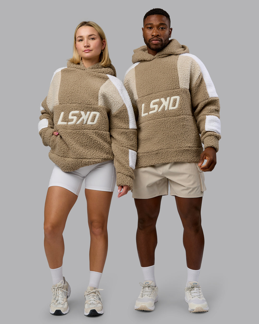 Duo wearing Sherpa Slam Hoodie Oversized - Greige-Shale Beige-White | Model:Both | Size:Duo
