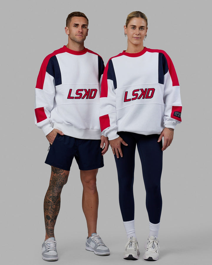 Duo wearing Unisex Slam Sweater Oversize - White-Red