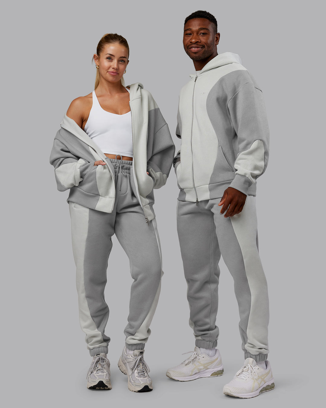 Duo wearing Stream Panel Track Pants - Circular Grey-Digital Mist | Model:Both | Size:Duo