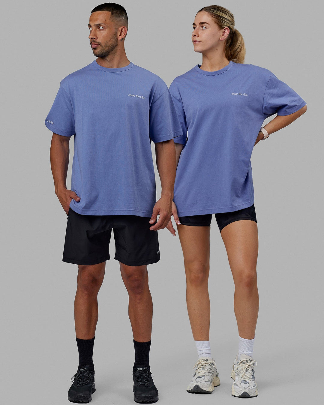 Duo wearing Unisex Taylor Tee Oversize - Cornflower Blue