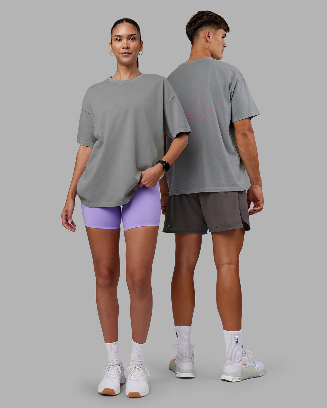 Duo wearing Pressure Washed Heavyweight Oversize Tee - Grey-Bubblegum | Model:Both | Size:Duo