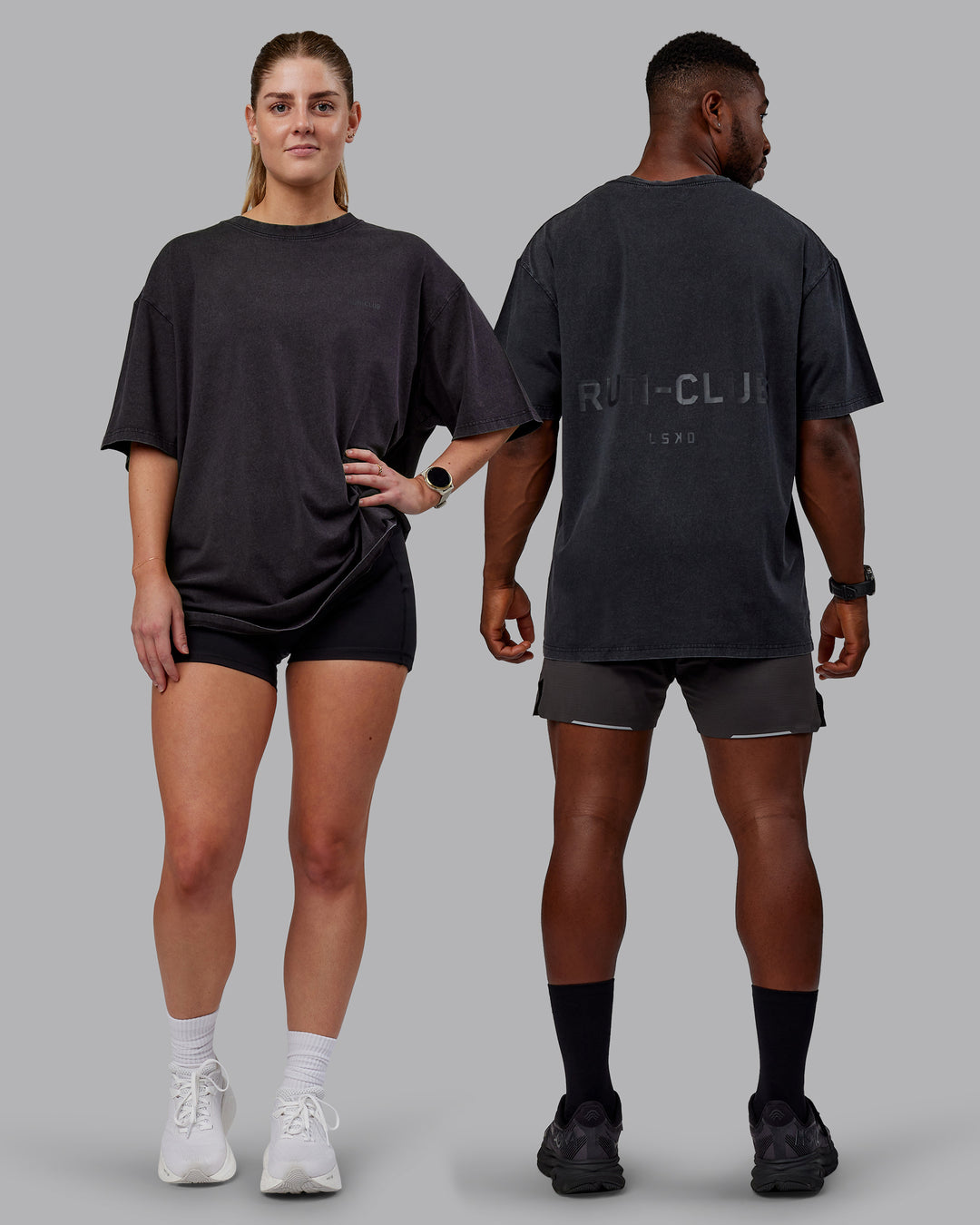 Duo wearing Unisex Washed RUN CLUB FLXCotton Tee Oversize - Black-Black