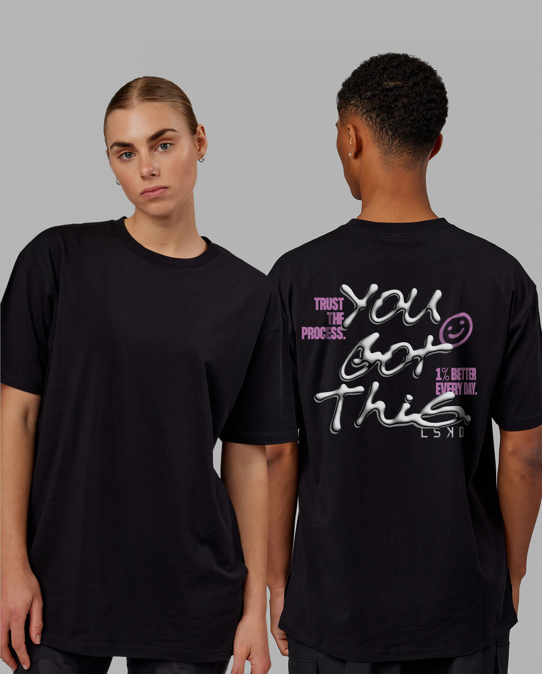 Duo wearing Unisex You Got This FLXCotton Oversize Tee - Black-Pink