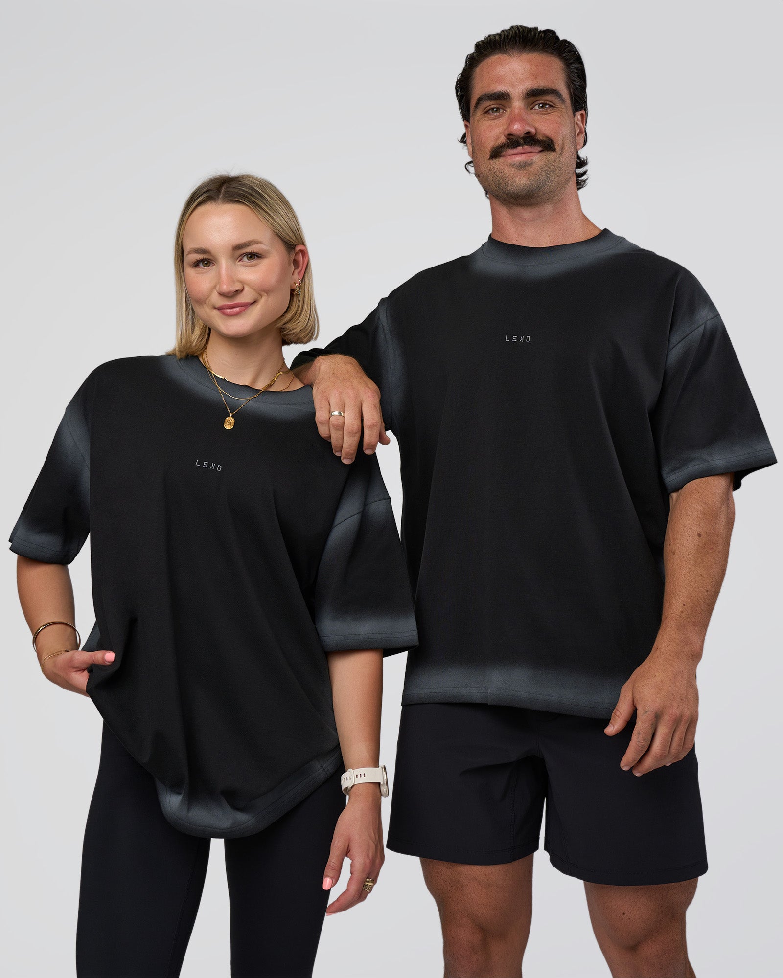 Duo wearing Urban Blur Heavyweight Unisex Oversized Tee - Black-Dark Storm | Model:Both | Size:Duo