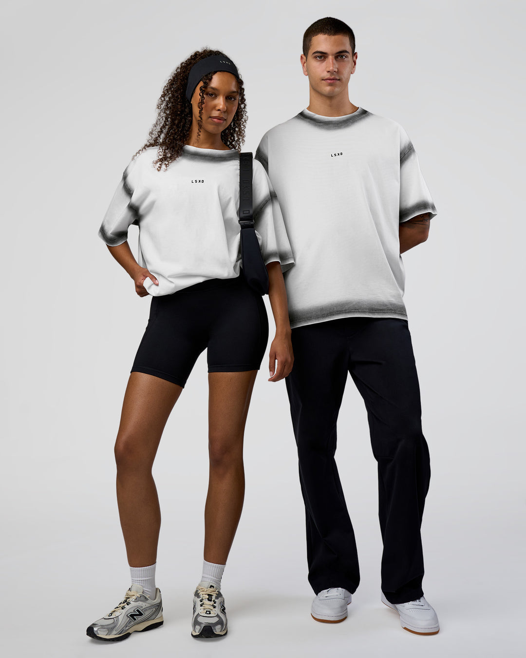 Duo wearing Urban Blur Heavyweight Unisex Oversized Tee - White-Black | Model:Both | Size:Duo