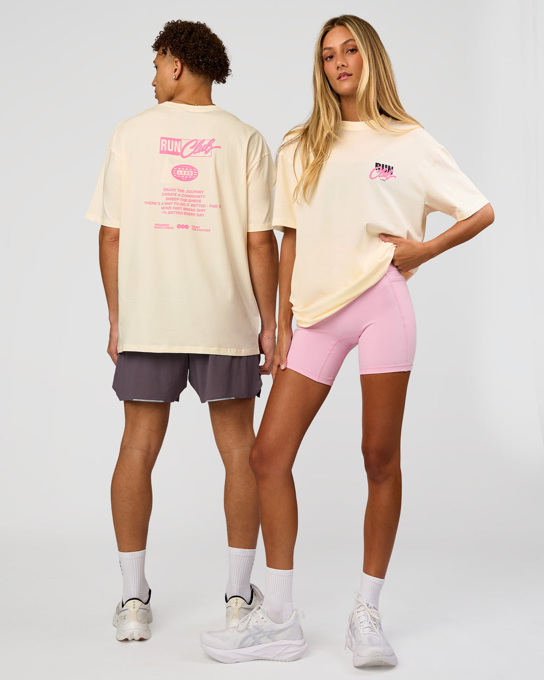 Duo wearing Values Run Club FLXCotton Tee - Off White-Candy Pink | Model:Both | Size:Duo