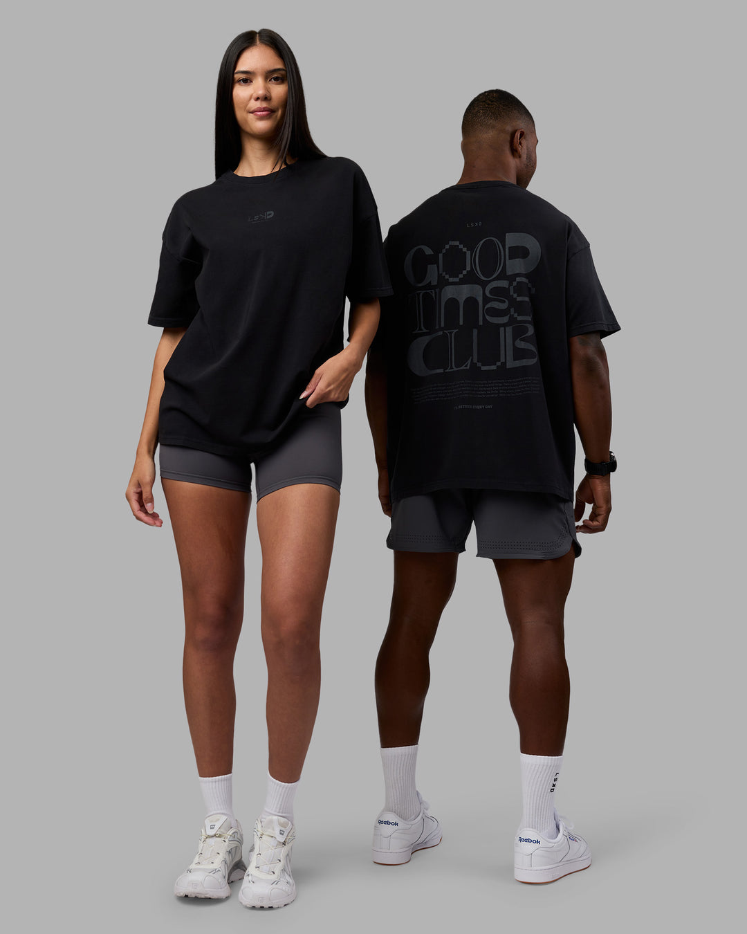 Duo wearing Variation Heavyweight FLXCotton Oversized Tee - Black-Black | Model:Both | Size:Duo