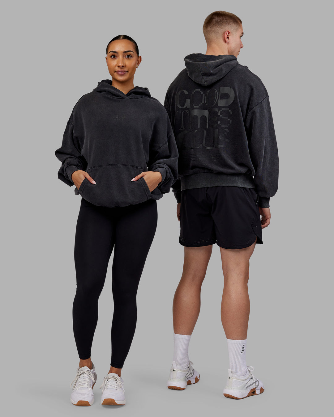 Duo wearing Variation Washed Oversized Hoodie - Black-Black | Model:Both | Size:Duo