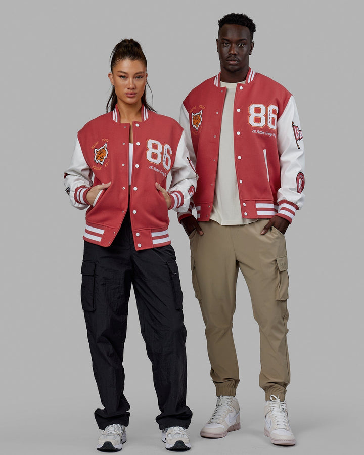 Duo wearing Unisex Varsity Bomber Jacket - Mineral Red