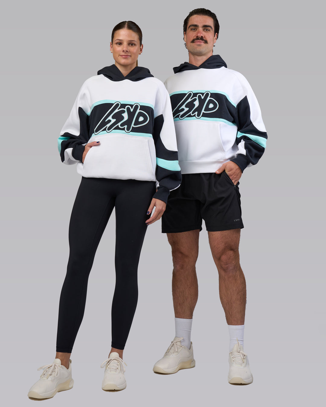 Duo wearing Vibe Oversized Unisex Hoodie - White-Island Paradise | Model:Both | Size:Duo