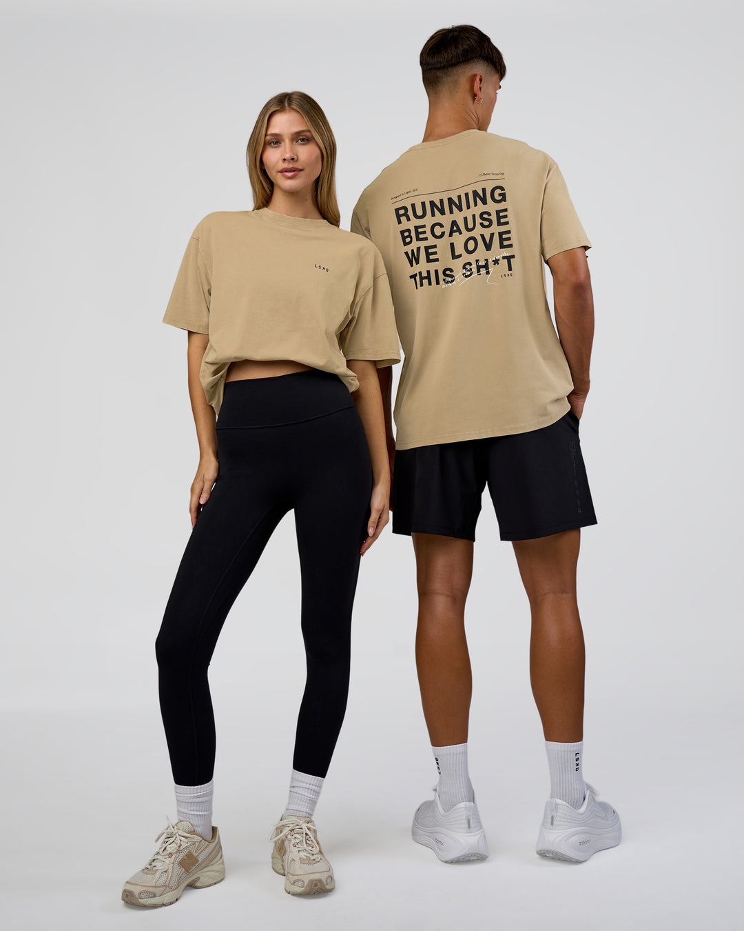 Duo wearing We Love This  FLXCotton Oversized Tee - Greige Washed-Black | Model:Both | Size:Duo