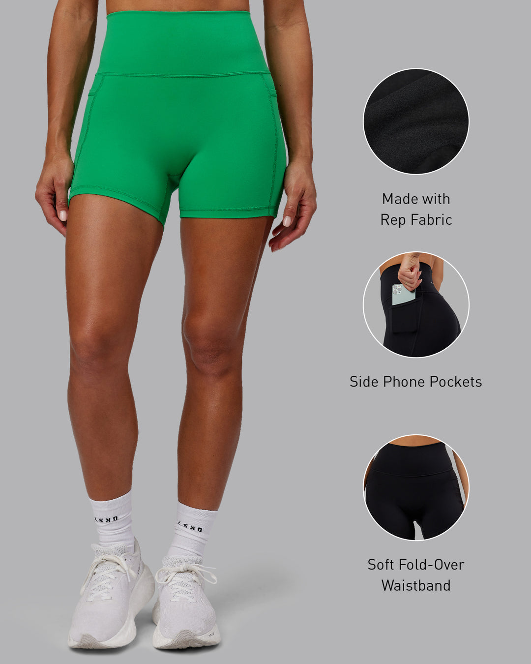 Woman wearing Fusion Ultra High-Rise 4&quot; Short Pockets - Impact Green | Model:Demi | Size:S