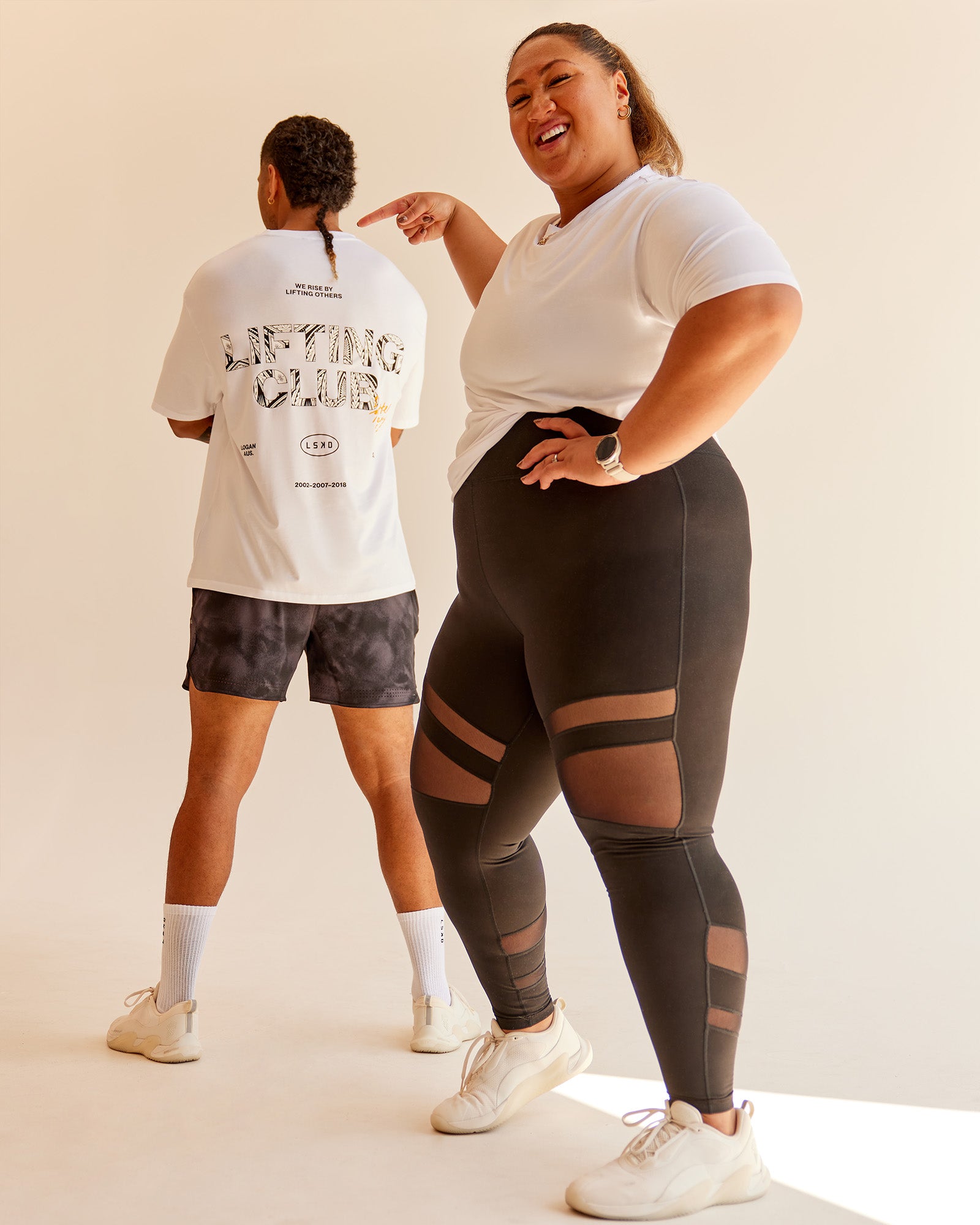 Duo wearing Lilz Lifting Club FLXCotton Oversized Tee - White | Model:Both | Size:Duo