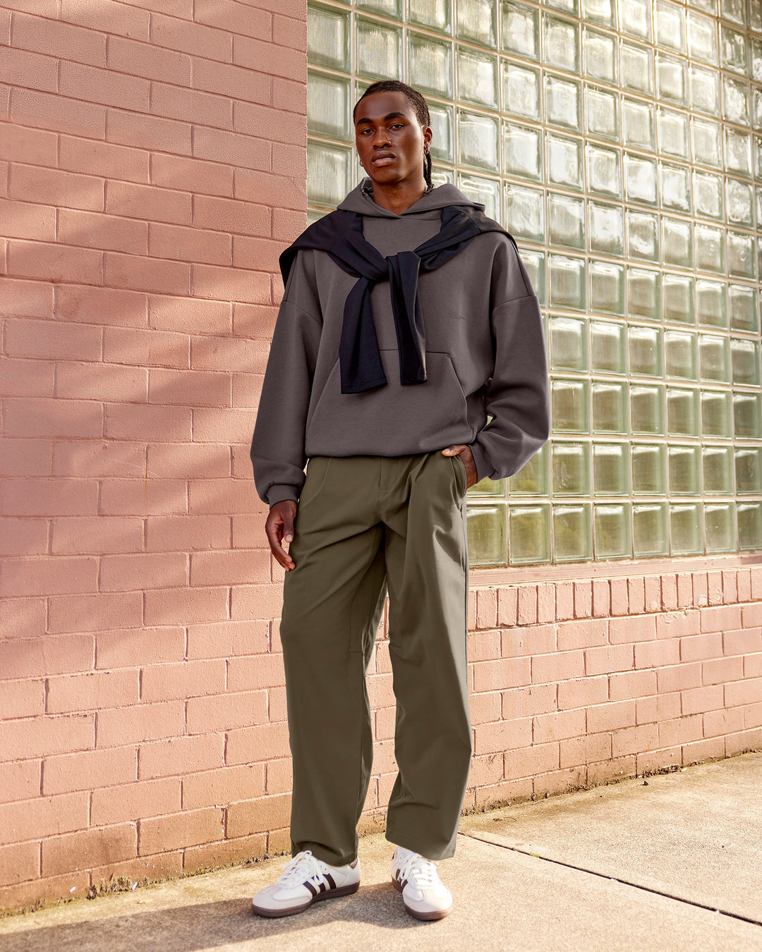 Man wearing AfterDark ZeroCrease Oversized Hoodie - Duskstone | Model:Victor | Size:L