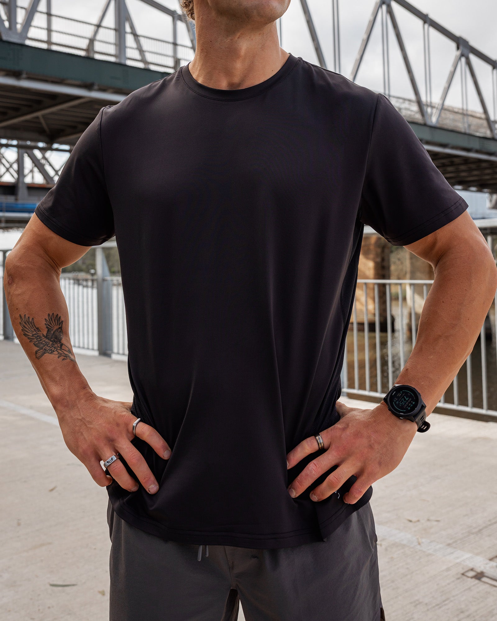 Man wearing AirTrack Tee - Black | Model:Kyal | Size:L