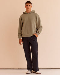 Man wearing Base Oversized Hoodie - Taupe Ash | Model:Jackson | Size:L