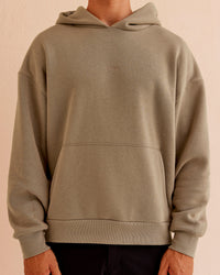 Man wearing Base Oversized Hoodie - Taupe Ash | Model:Jackson | Size:L