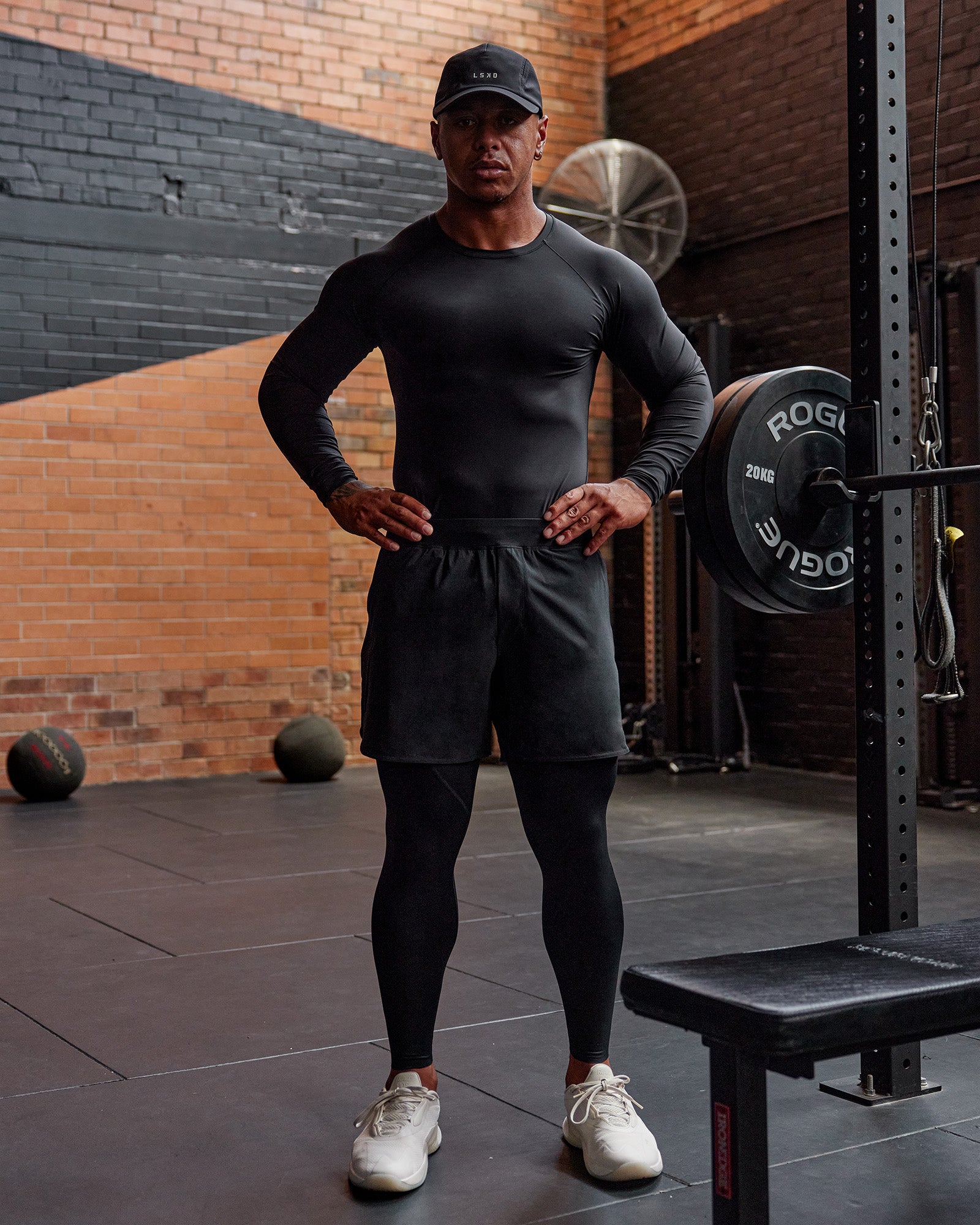 Man wearing BaseTech Long Sleeve Tee - Black | Model:Paris | Size:L