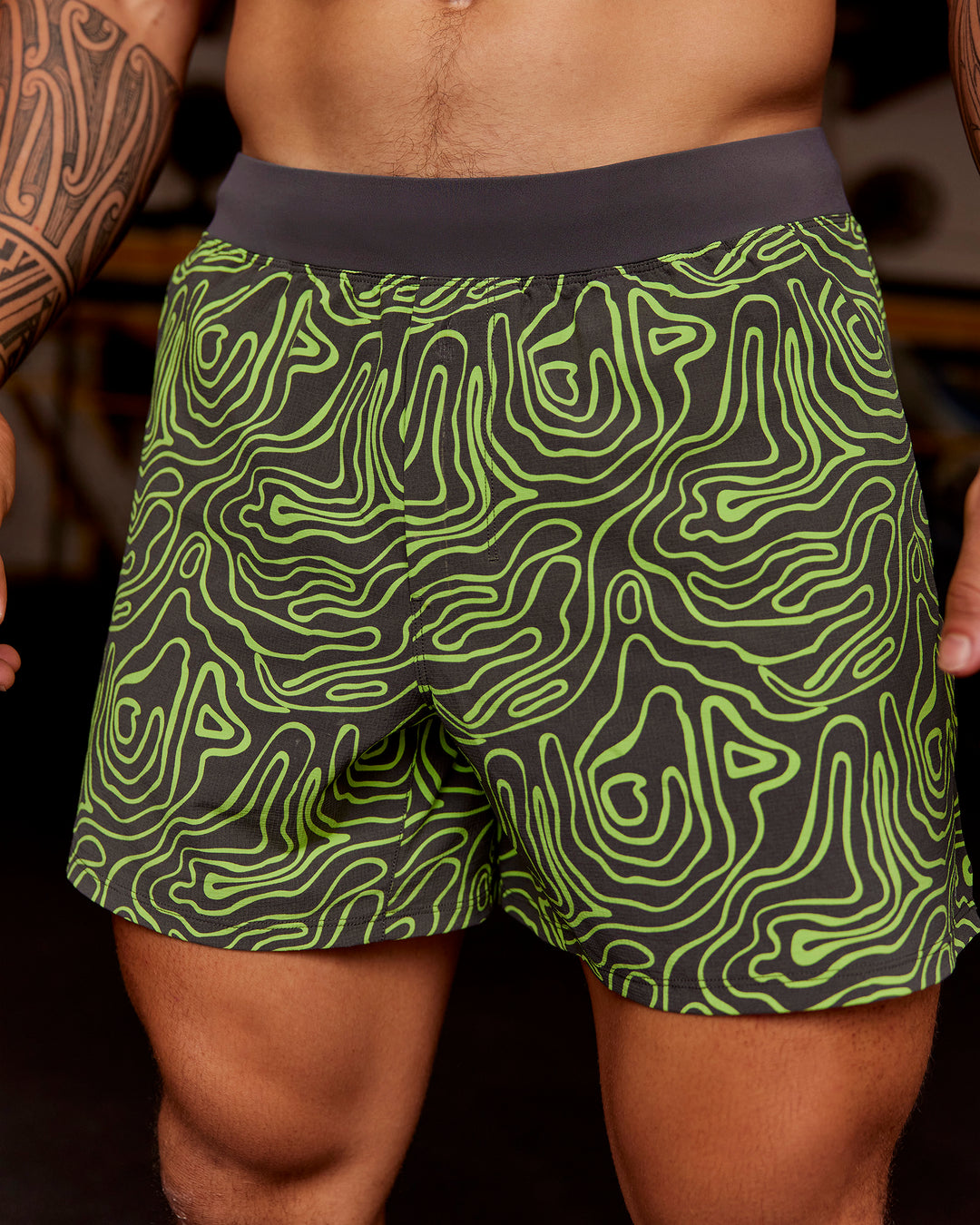 Man wearing Functional Training 5" Short - Friction Print Hyper Green | Model:Hiko | Size:L