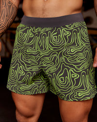 Man wearing Functional Training 5" Short - Friction Print Hyper Green | Model:Hiko | Size:L