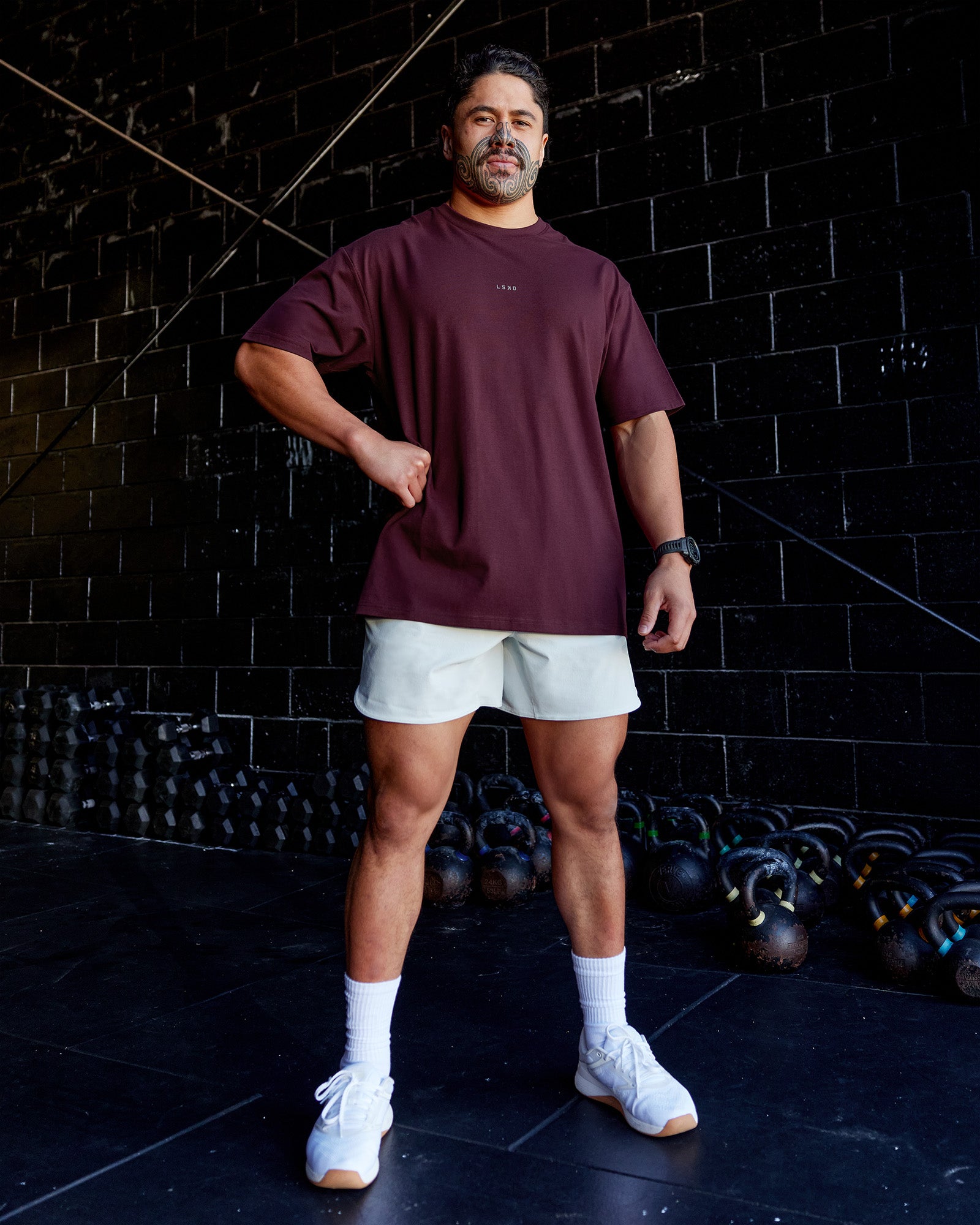 Man wearing Base FLXCotton Tee Oversized - Cherry Lacquer | Model:Hiko | Size:L