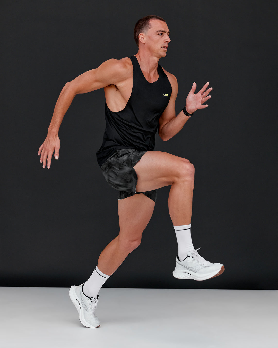Man wearing Race Day Tank - Black-Yellow Fizz | Model:Conor | Size:L