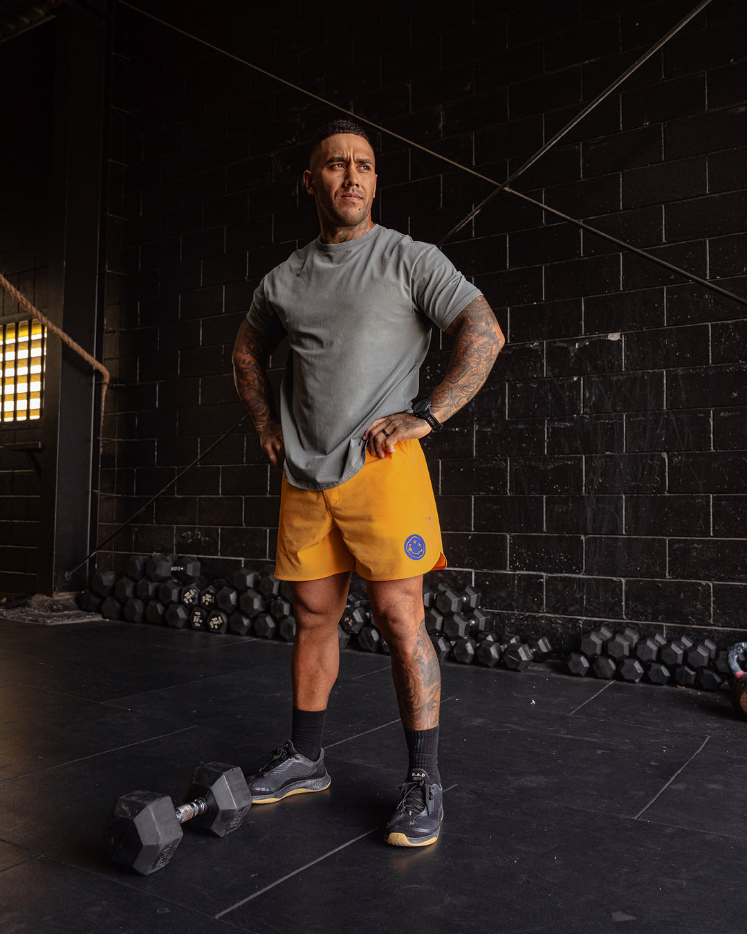 Man wearing Rise &amp; Lift Washed FLXCotton Oversized Tee - Graphite-Purple Opulence | Model:Mathias | Size:L