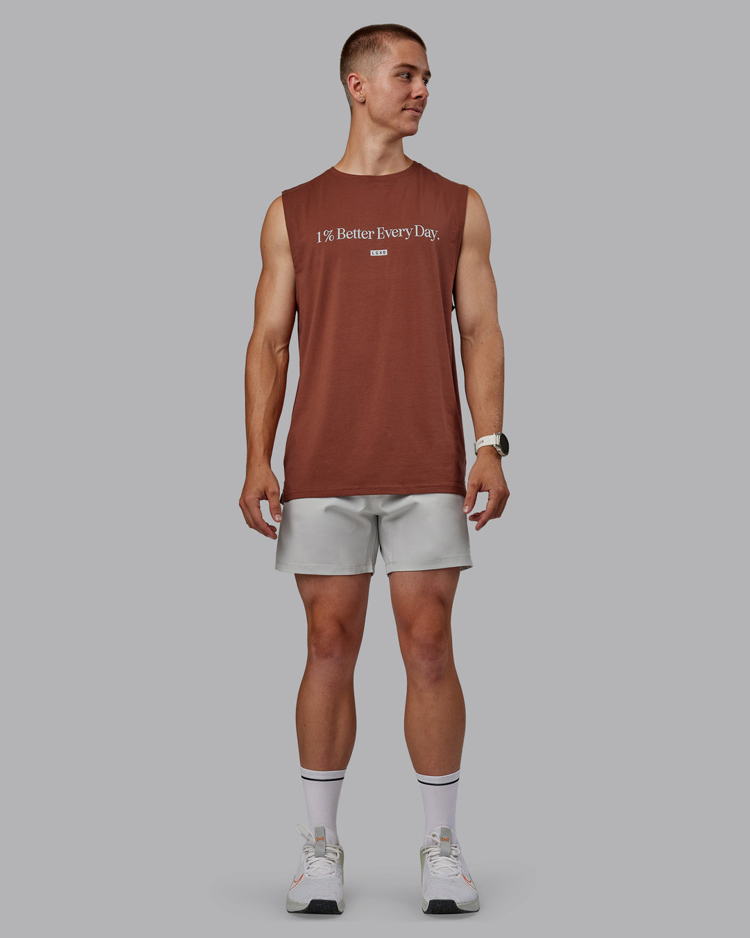 Man wearing 1% Better FLXCotton Training Fit Tank - Mahogany/White | Model:Tom| Size:L