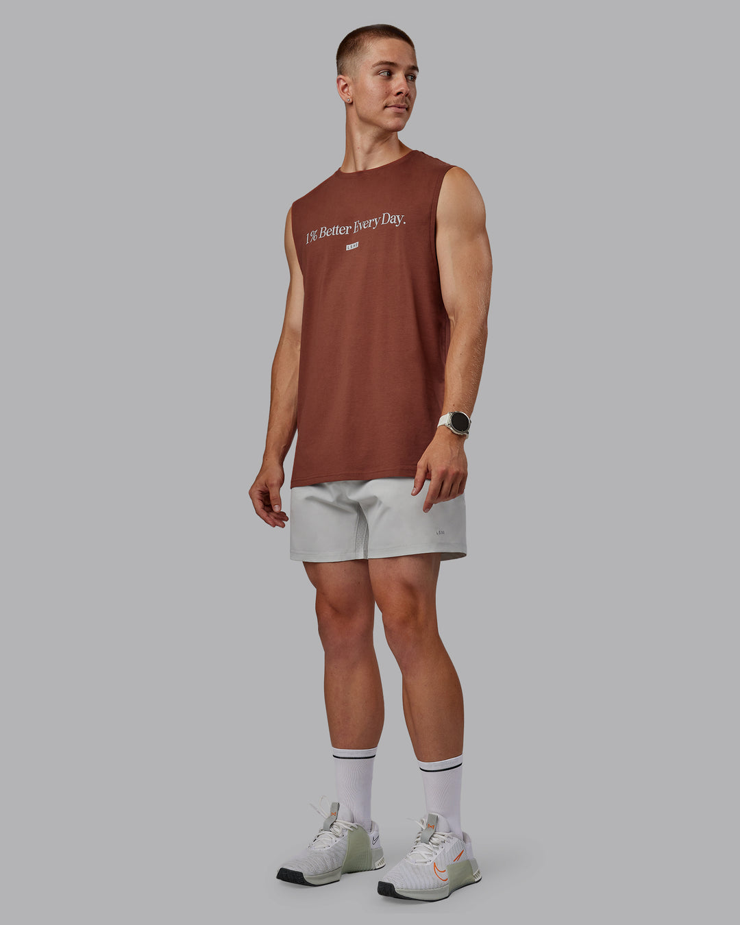 Man wearing 1% Better FLXCotton Training Fit Tank - Mahogany/White | Model:Tom| Size:L