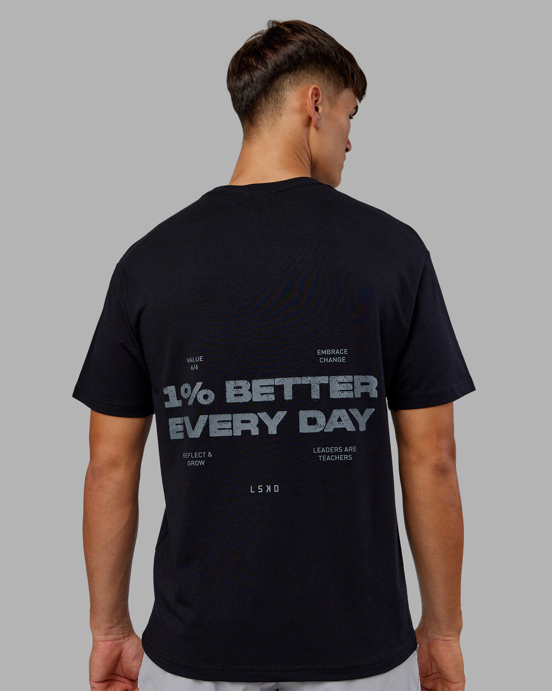 Man wearing 1% Better Value Series FLXCotton Tee Oversize - Black-Black | Model:Jackson | Size:L
