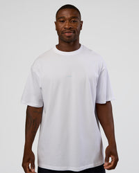 Man wearing Abstract Haze FLXCotton Tee - White-Blue Aura | Model:Sam | Size:L