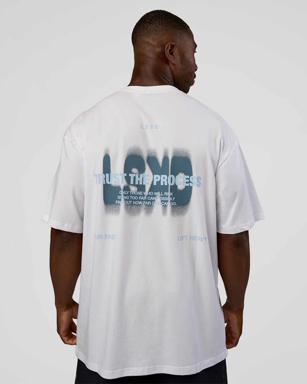 Man wearing Abstract Haze FLXCotton Tee - White-Blue Aura | Model:Sam | Size:L
