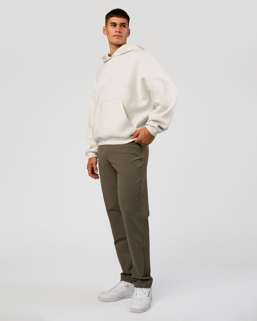 Man wearing AfterDark ZeroCrease Oversized Hoodie - Silver Marl | Model:Jackson |Size:L