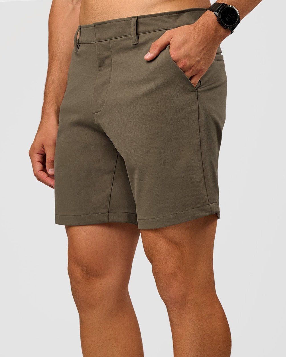 Man wearing All Day ZeroCrease™ Regular 8" Short - Walnut Grey | Model:Liam | Size:34