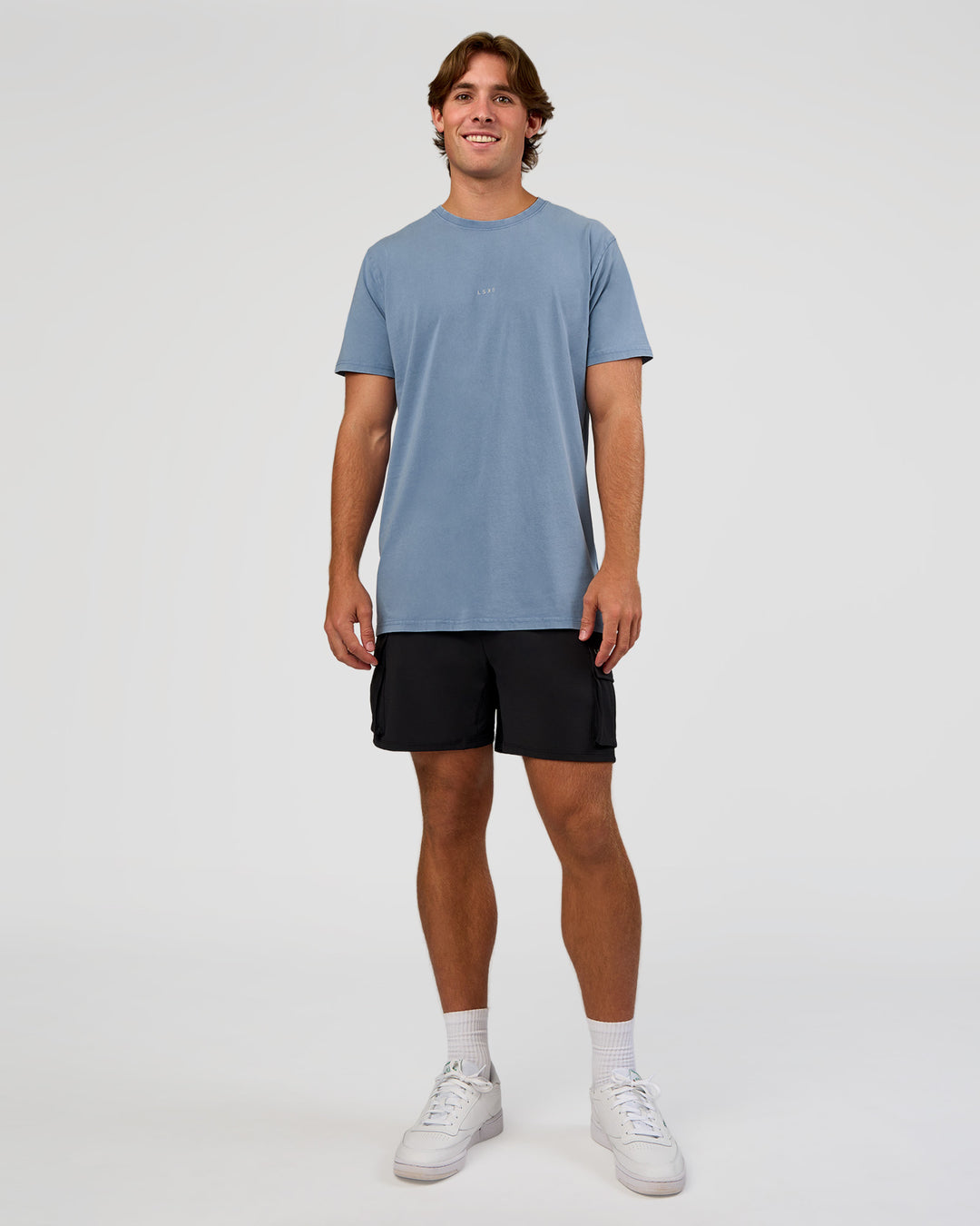 Man wearing Base FLXCotton Tee  Regular Fit +2cm - Elemental Blue Washed | Model:Marcus | Size:L